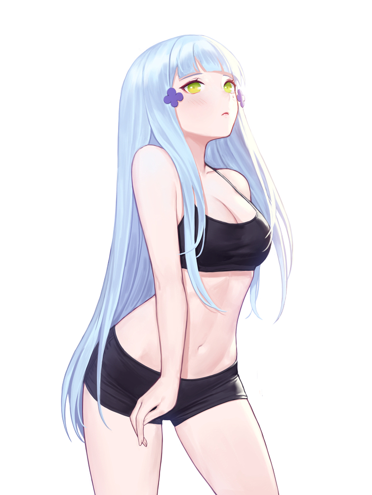 1girl bangs blue_hair blunt_bangs breasts cleavage closed_mouth contrapposto cowboy_shot crop_top facial_mark girls_frontline green_eyes hair_ornament hk416_(girls_frontline) lips long_hair medium_breasts midriff navel short_shorts shorts sidelocks simple_background siun solo very_long_hair white_background