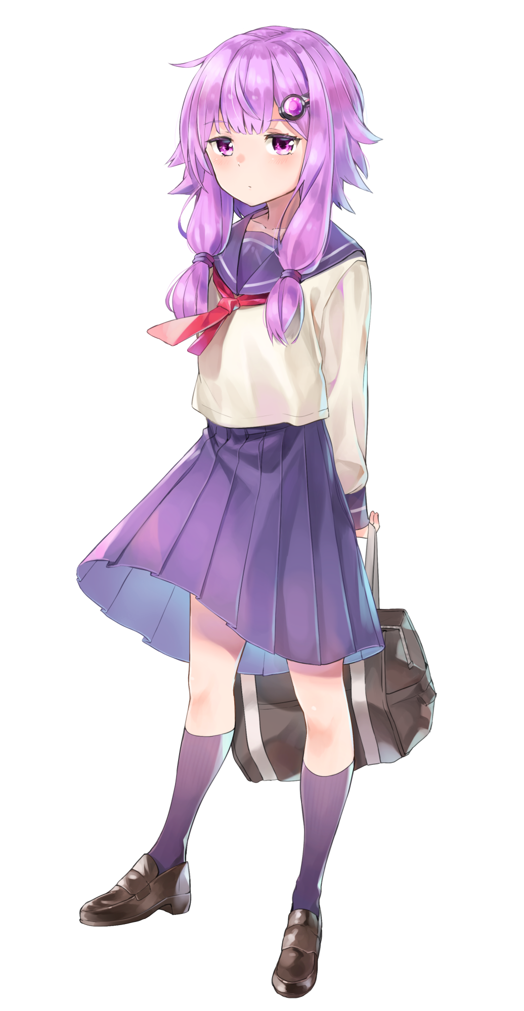 1girl bag bangs blush brown_footwear closed_mouth collarbone commentary_request eyebrows_visible_through_hair full_body hair_ornament highres holding holding_bag kneehighs loafers long_sleeves netamaru pleated_skirt purple_hair purple_legwear purple_sailor_collar purple_skirt red_neckwear sailor_collar school_bag school_uniform serafuku shirt shoes sidelocks simple_background skirt sleeves_past_wrists solo standing violet_eyes voiceroid white_background white_shirt yuzuki_yukari