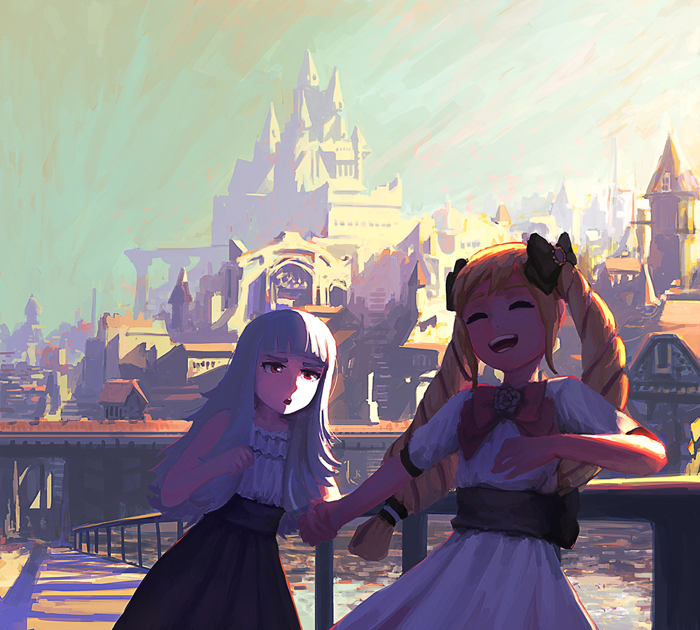 2girls alternate_costume black_bow blonde_hair bow castle closed_eyes day dress elise_(fire_emblem_if) fakewaffle fire_emblem fire_emblem_heroes fire_emblem_if grey_hair hair_bow hand_holding long_hair multicolored_hair multiple_girls nintendo open_mouth outdoors pink_bow purple_hair red_eyes short_sleeves sky twintails veronica_(fire_emblem)