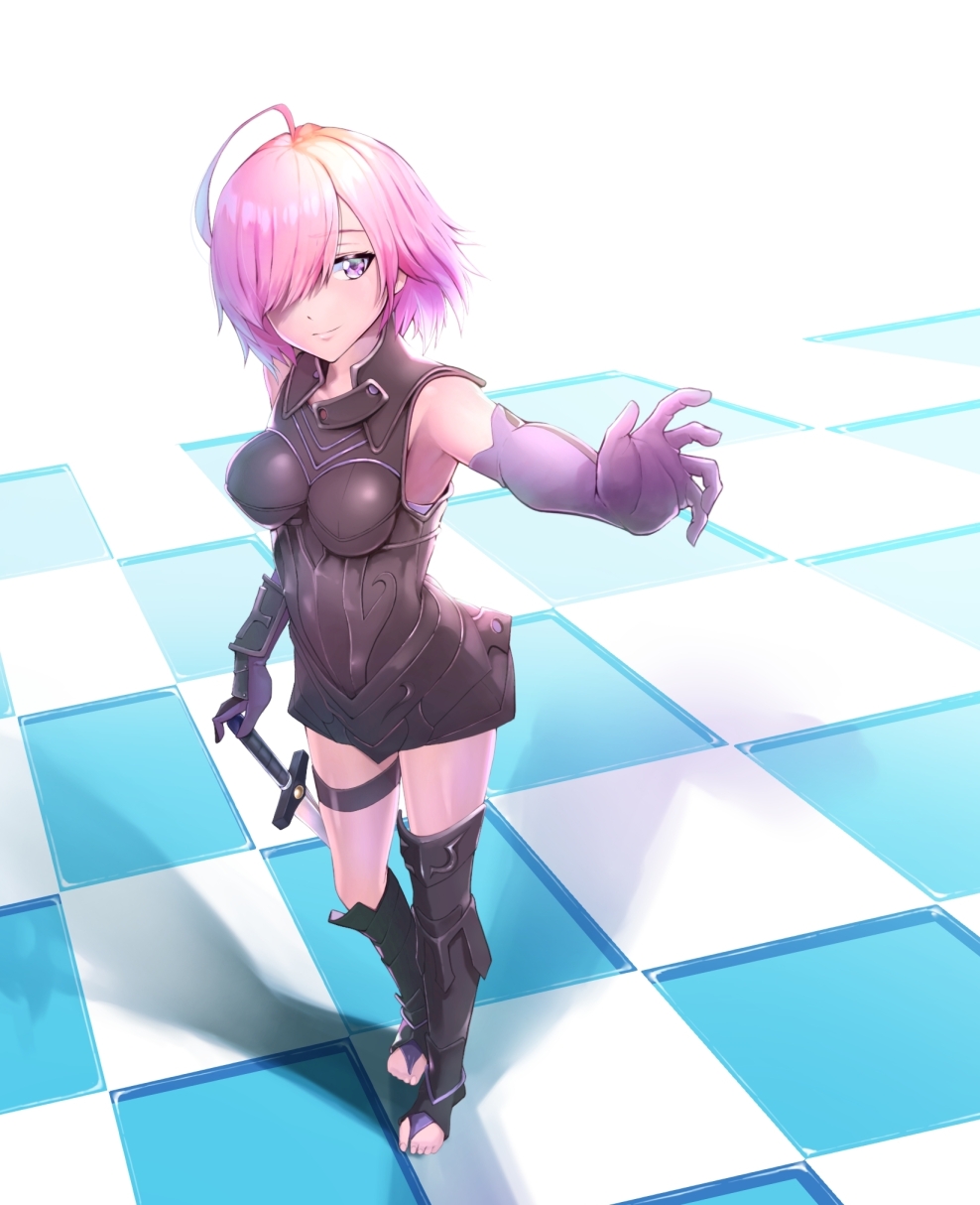 1girl ahoge armored_leotard bangs black_leotard breasts breasts_apart checkered checkered_floor elbow_gloves fate/grand_order fate_(series) full_body gloves hand_on_hilt highres kinpun_(fgxdw447) leotard looking_at_viewer mash_kyrielight outstretched_arm pink_hair purple_gloves short_hair solo standing swept_bangs sword violet_eyes weapon