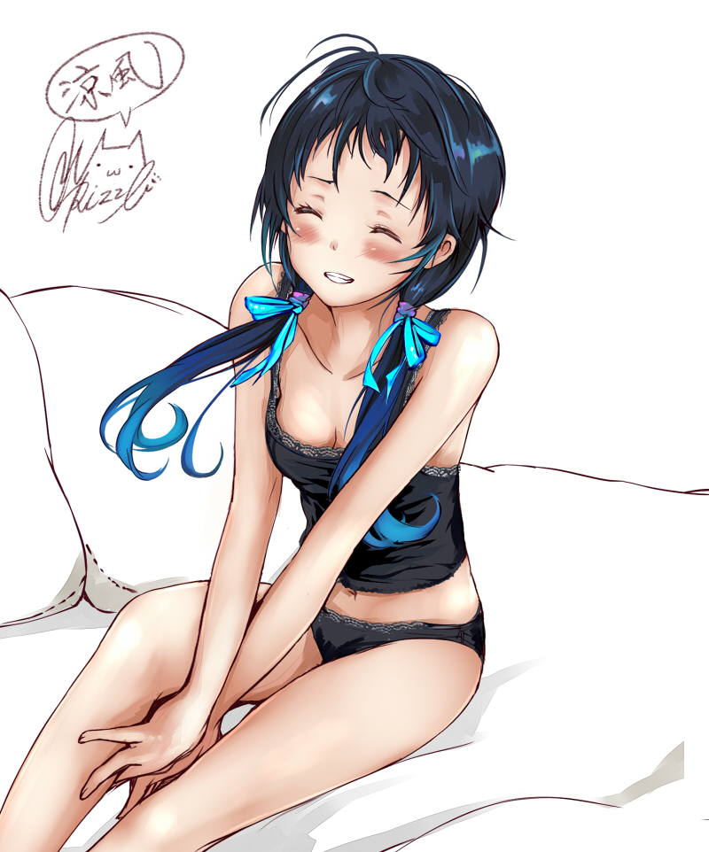 1girl black_panties blue_hair blush breasts closed_eyes commentary_request eyebrows_visible_through_hair gradient_hair grin kantai_collection long_hair low_twintails multicolored_hair on_bed open_mouth panties rizzl simple_background sitting sitting_on_bed sleepwear small_breasts smile solo suzukaze_(kantai_collection) twintails underwear white_background