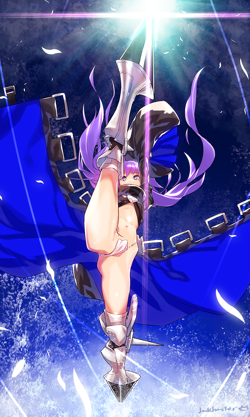 1girl armor armored_boots black_coat boots crotch_plate fate/extra fate/extra_ccc fate_(series) flat_chest full_body highres jack_hamster long_hair long_sleeves meltlilith navel purple_hair revealing_clothes sleeves_past_wrists solo spikes split standing standing_on_one_leg standing_split very_long_hair