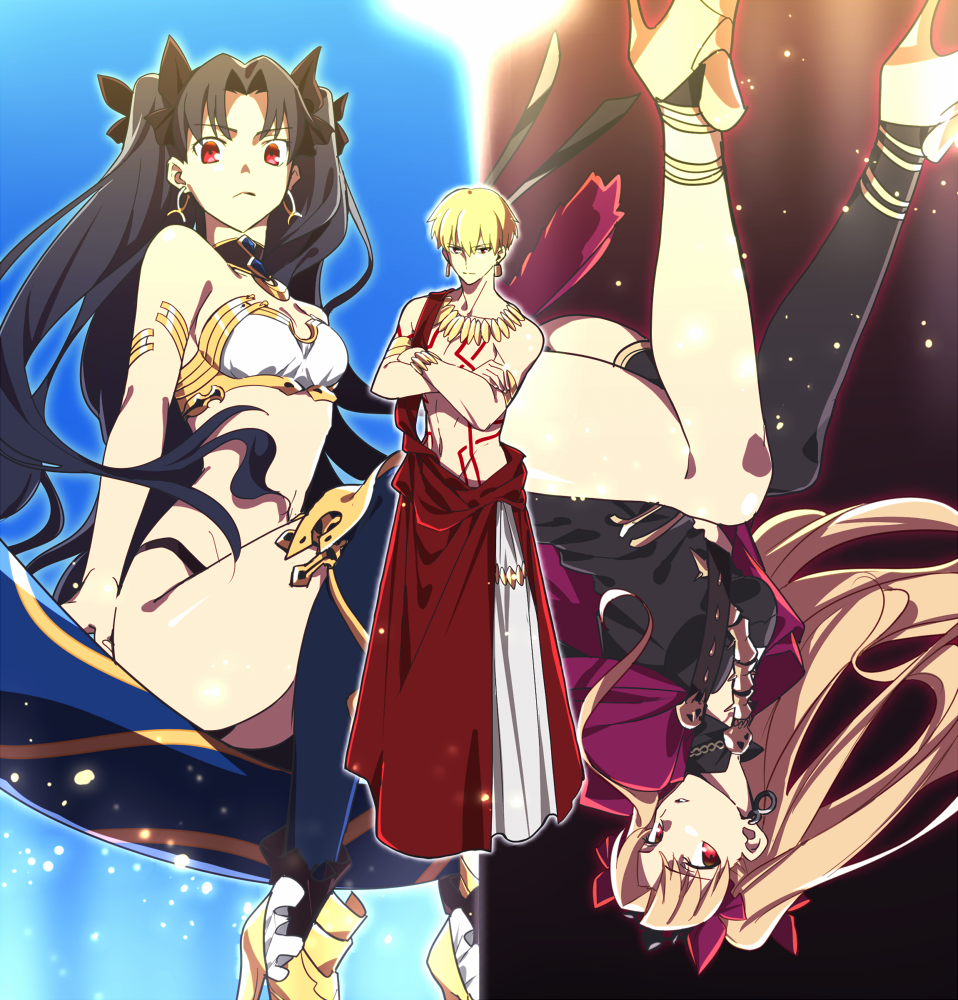 1boy 2girls armlet asymmetrical_legwear black_bow black_hair black_legwear black_leotard black_panties blonde_hair blue_legwear bow bra breasts choker cropped_arms earrings ereshkigal_(fate/grand_order) fate/grand_order fate_(series) floating_hair gilgamesh hair_bow high_heels ishtar_(fate/grand_order) jewelry leotard long_hair looking_at_viewer medium_breasts multiple_girls navel panties parted_lips red_eyes sen_(77nuvola) sideboob single_thighhigh sitting standing strapless strapless_bra thigh-highs twintails underwear very_long_hair white_bra yellow_footwear