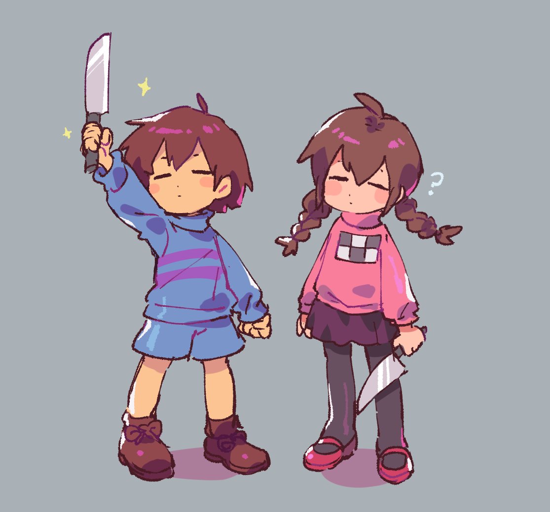 1girl 1other ? arm_up blue_shorts blue_sweater boots braid brown_footwear clenched_hand crossover frisk_(undertale) grey_background jeepochu knife madotsuki pantyhose pink_sweater purple_skirt red_footwear shorts simple_background skirt sparkle sweater trait_connection twin_braids twintails undertale yume_nikki