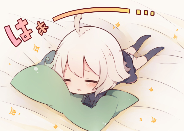 1girl =_= ahoge ass bangs bed_sheet beni_shake black_jacket black_legwear blush chibi closed_eyes commentary_request eyebrows_visible_through_hair facing_viewer fate/grand_order fate_(series) full_body fur-trimmed_sleeves fur_trim jacket jeanne_d'arc_(alter)_(fate) jeanne_d'arc_(fate)_(all) long_sleeves lying on_stomach panties parted_lips pillow silver_hair sleeves_past_wrists smile solo sparkle thigh-highs translated underwear white_panties wicked_dragon_witch_ver._shinjuku_1999