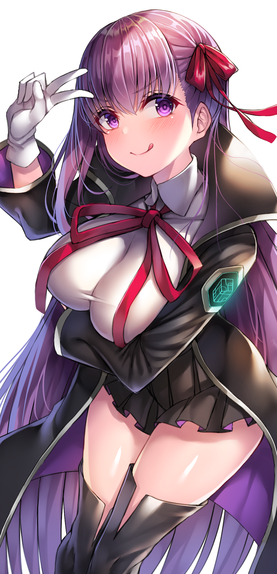 1girl bangs bb_(fate)_(all) bb_(fate/extra_ccc) beeyan black_coat black_legwear blush breast_hold breasts closed_mouth coat commentary_request emblem eyebrows_visible_through_hair fate/grand_order fate_(series) gloves hair_ornament hair_ribbon highres large_breasts long_hair long_sleeves looking_at_viewer neck_ribbon pointer purple_hair red_ribbon ribbon seiza shiny shiny_hair shiny_skin shirt simple_background sitting smile solo tareme thigh-highs thighs tongue tongue_out v very_long_hair violet_eyes white_background white_gloves white_shirt wing_collar zettai_ryouiki