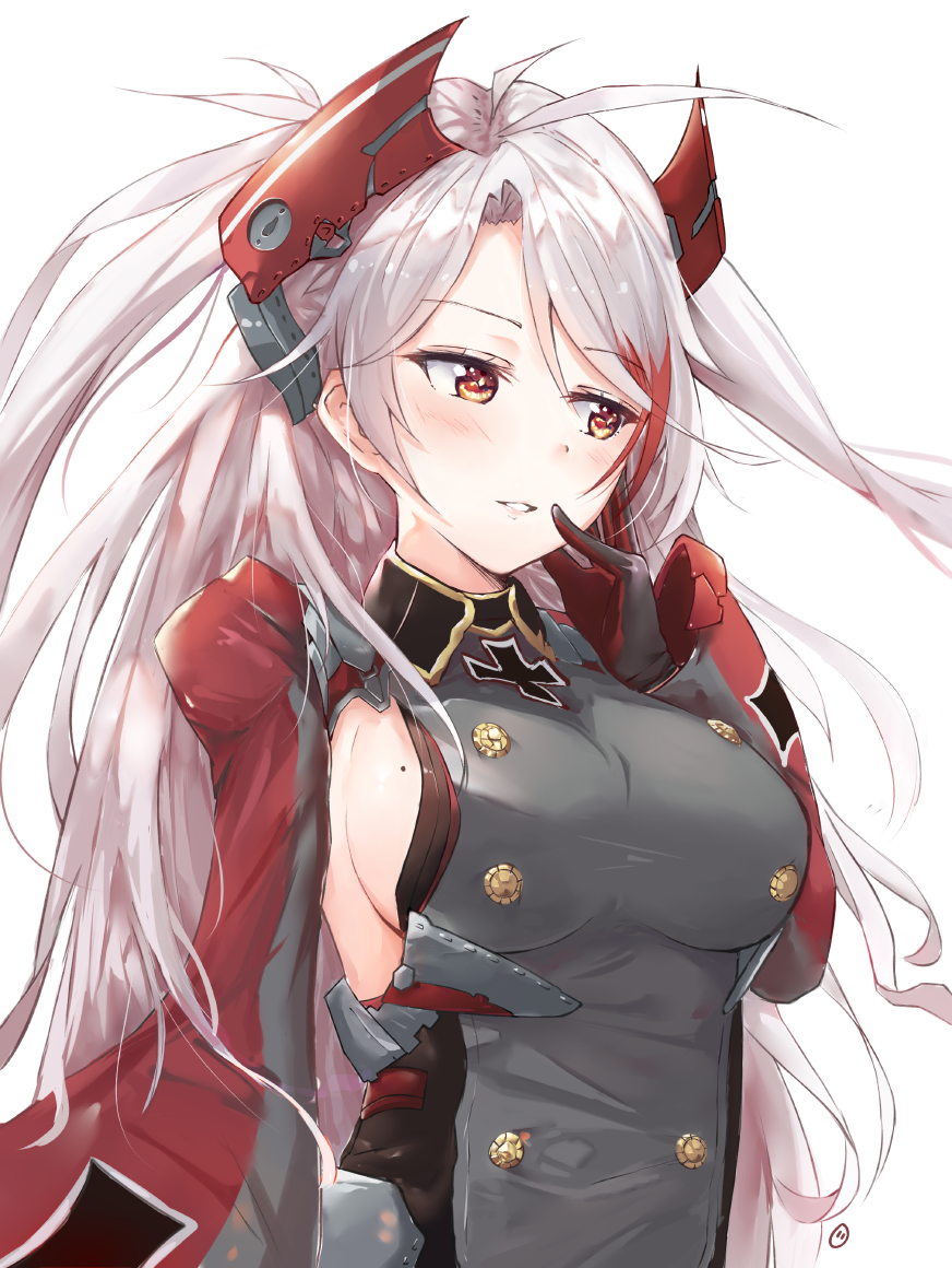 1girl antenna_hair azur_lane bangs breasts collar cross cross_earrings double-breasted earrings envyvanity finger_to_mouth headgear iron_cross jewelry large_breasts lips long_hair long_sleeves looking_away mole mole_on_breast multicolored_hair open_mouth orange_eyes prinz_eugen_(azur_lane) redhead sideboob silver_hair smile solo streaked_hair swept_bangs two_side_up very_long_hair white_background