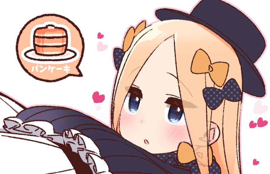 1girl :o abigail_williams_(fate/grand_order) bangs black_bow black_dress black_hat blonde_hair blue_eyes blush bow dress eyebrows_visible_through_hair fate/grand_order fate_(series) food forehead hair_bow hat heart long_hair long_sleeves orange_bow pancake parted_bangs parted_lips plate polka_dot polka_dot_bow simple_background sleeves_past_fingers sleeves_past_wrists solo spoken_food stack_of_pancakes translation_request unmoving_pattern upper_body white_background yoru_nai