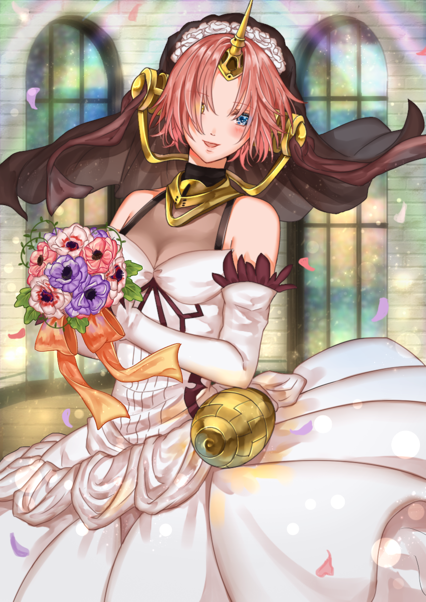 1girl :d azaka_(rionrita) blue_eyes blush bouquet bridal_veil detached_sleeves dress eyebrows_visible_through_hair fate/apocrypha fate_(series) flower frankenstein's_monster_(fate) hair_flower hair_ornament head_wreath heterochromia highres holding holding_bouquet horn long_sleeves looking_at_viewer open_mouth petals pink_hair purple_flower red_flower ribbon short_hair sleeveless sleeveless_dress smile solo veil wedding_dress white_dress white_flower white_sleeves yellow_eyes yellow_ribbon