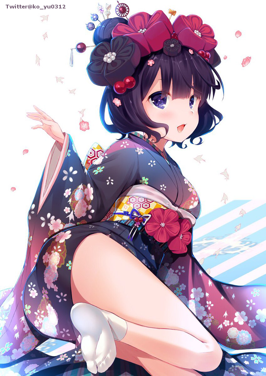 1girl ass bangs black_kimono breasts commentary_request diagonal_stripes eyebrows_visible_through_hair fate/grand_order fate_(series) floral_print flower hair_between_eyes hair_ornament highres japanese_clothes katsushika_hokusai_(fate/grand_order) kimono ko_yu long_sleeves no_shoes obi open_mouth print_kimono purple_hair red_flower sash small_breasts socks soles solo striped tabi twitter_username violet_eyes white_background white_legwear wide_sleeves