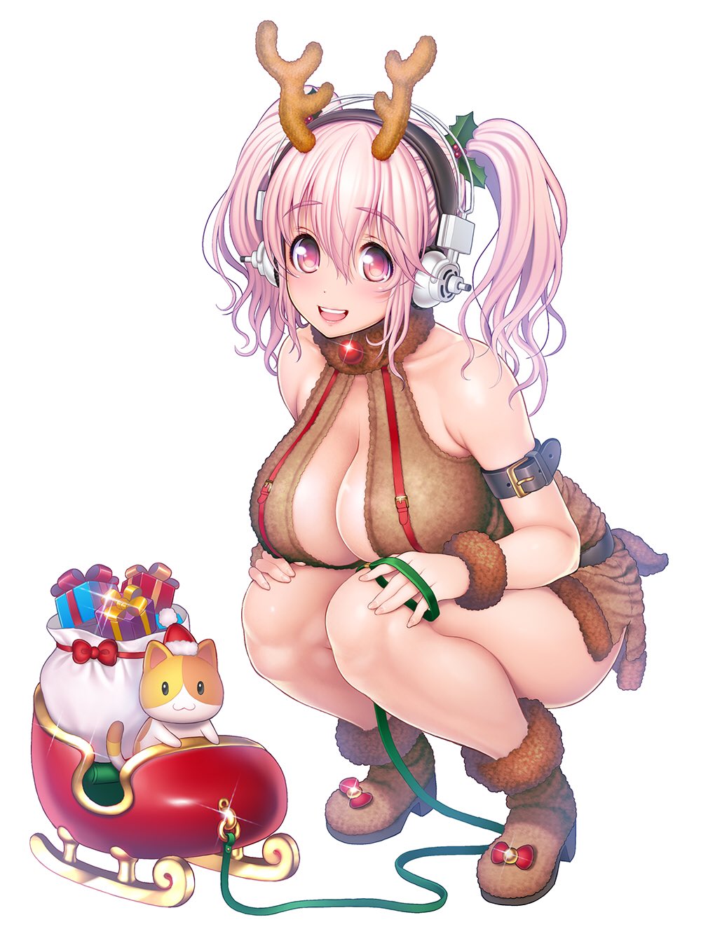 1girl antlers bare_shoulders breasts cat cleavage full_body headphones highres large_breasts lips lipstick long_hair looking_at_viewer makeup open_mouth original pink_eyes pink_hair shoes sled smile solo squatting super_sonico tail teeth thighs tsuji_santa twintails wristband