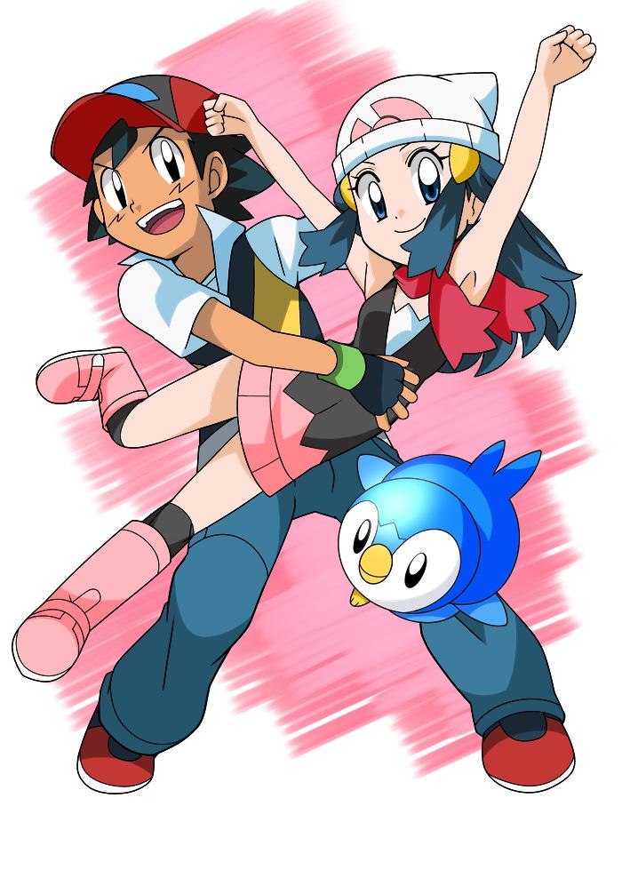 1boy 1girl black_hair blue_hair creatures_(company) game_freak gen_4_pokemon hainchu hikari_(pokemon) nintendo piplup pokemon pokemon_(anime) pokemon_dppt_(anime) satoshi_(pokemon)