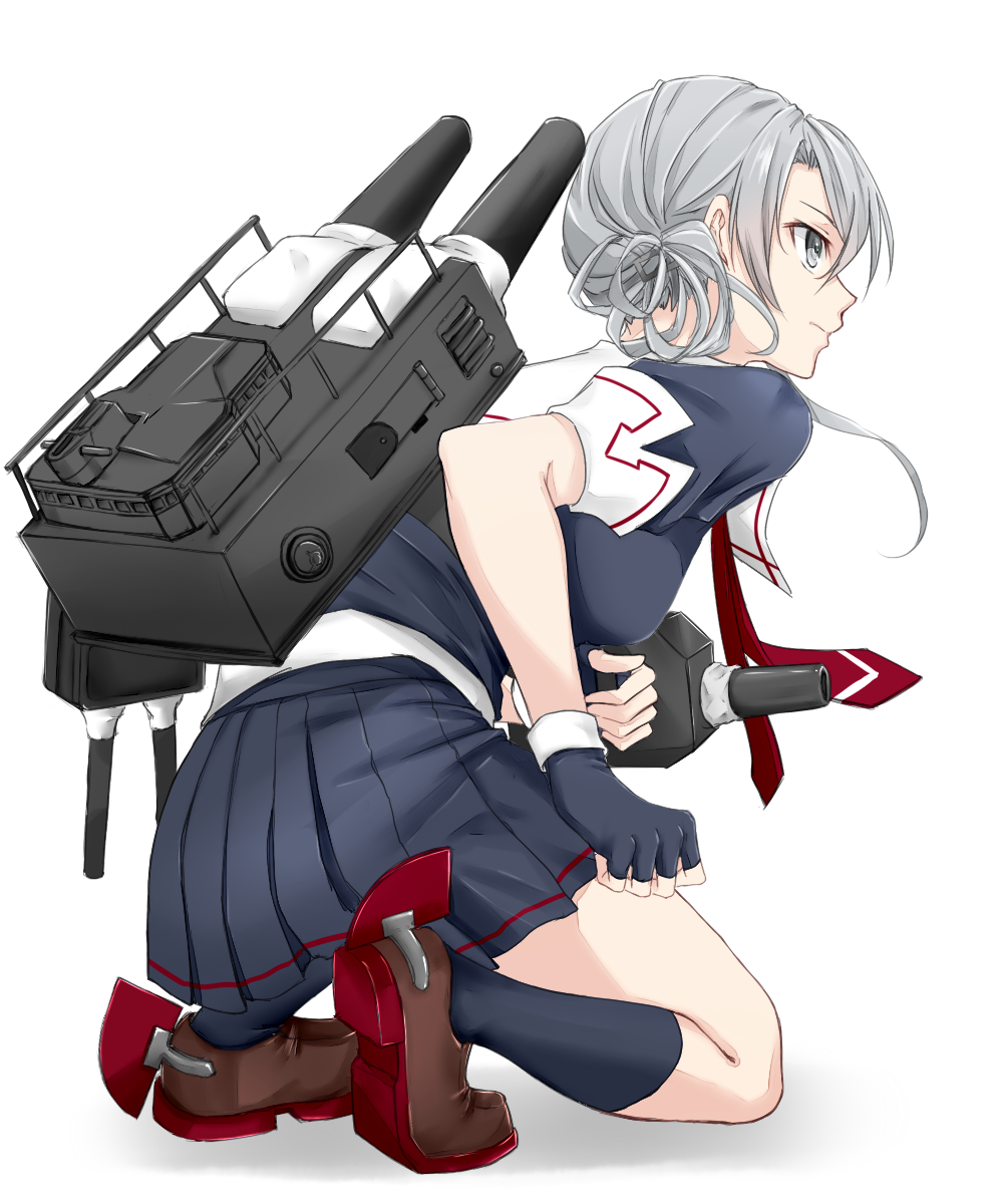 1girl aoyashio_rin black_gloves black_legwear black_shirt black_skirt brown_footwear fingerless_gloves full_body gloves grey_eyes grey_hair hair_between_eyes highres kantai_collection kneeling miniskirt neckerchief nowaki_(kantai_collection) one_knee pleated_skirt red_neckwear sailor_collar shiny shiny_hair shirt short_sleeves simple_background skirt solo tied_hair white_background white_sailor_collar