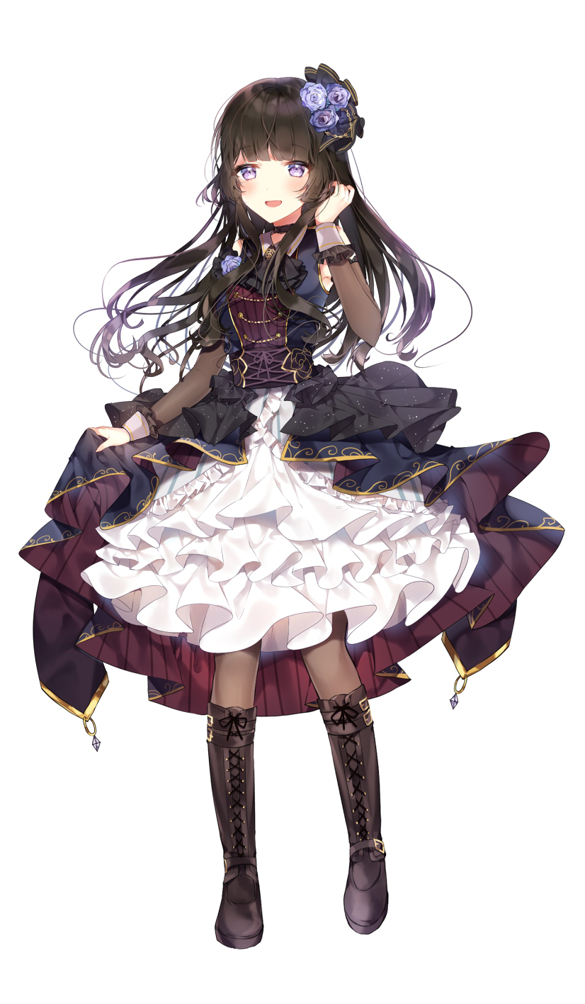 1girl :d ascot bang_dream! bangs black_choker black_footwear black_hair black_legwear black_neckwear blue_flower blue_rose blunt_bangs blush boots choker collared_dress corsage corset cross-laced_footwear detached_sleeves dress flower frilled_dress frills full_body hand_in_hair hand_on_own_chest highres knee_boots open_mouth overskirt pantyhose rose shirokane_rinko simple_background skirt_hold smile solo standing taya_5323203 violet_eyes white_background wrist_cuffs