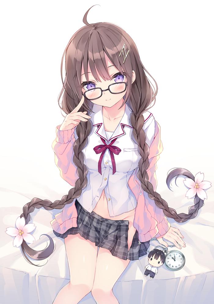 1girl ahoge black-framed_eyewear black_skirt blush braid breasts brown_hair buttons cardigan character_doll closed_mouth collarbone collared_shirt flower glasses groin hair_flower hair_ornament hair_over_shoulder hand_up head_tilt large_breasts long_hair long_sleeves looking_at_viewer looking_over_eyewear low_twintails miniskirt navel neck_ribbon no_panties open_cardigan open_clothes original partially_unbuttoned pink_cardigan plaid plaid_skirt pleated_skirt pocket_watch red_neckwear ribbon rurudo school_uniform shirt sidelocks sitting skirt sleeves_past_wrists smile solo twin_braids twintails very_long_hair violet_eyes watch white_background white_flower white_shirt