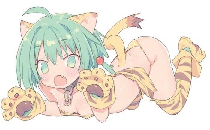1girl :o ahoge animal_ears animal_print bangs bare_shoulders bikini blade_(galaxist) blush breasts chains cham_cham collarbone commentary_request eyebrows_visible_through_hair fang full_body gloves green_eyes green_hair hair_between_eyes open_mouth paw_gloves paw_shoes paws print_legwear samurai_spirits shoes simple_background small_breasts solo swimsuit tail tail_raised thigh-highs tiger_ears tiger_girl tiger_print tiger_tail white_background yellow_bikini
