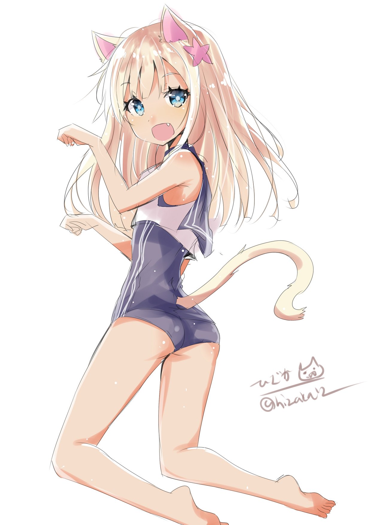 1girl animal_ears ass blonde_hair blue_eyes blush breasts cat_ears cat_tail crop_top eyebrows_visible_through_hair flower hair_flower hair_ornament highres hizaka kantai_collection long_hair looking_at_viewer one-piece_swimsuit open_mouth paw_pose ro-500_(kantai_collection) sailor_collar school_swimsuit school_uniform serafuku simple_background small_breasts solo swimsuit swimsuit_under_clothes tail twitter_username white_background