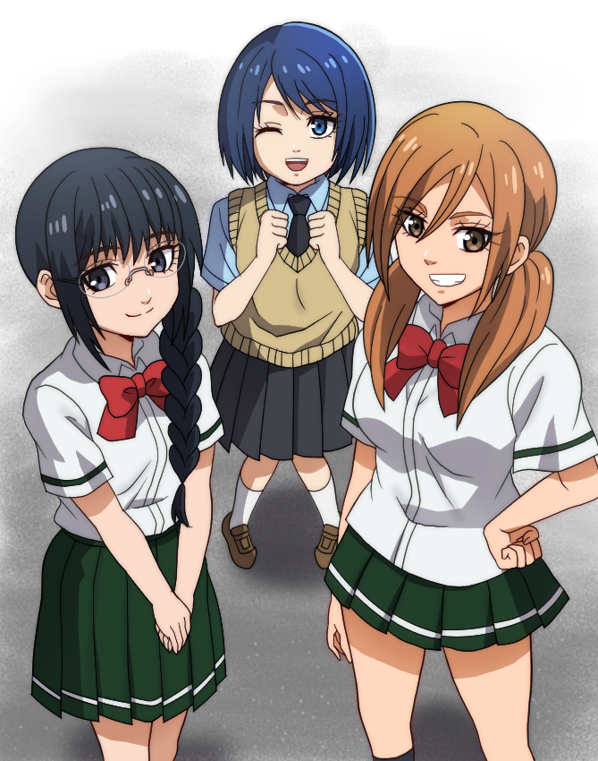 3girls :d ;d bad_proportions black_eyes black_hair black_legwear black_neckwear black_skirt blue_eyes blue_hair blue_shirt bow braid brown_eyes brown_footwear brown_hair chizuko_hori clenched_hand glasses gojou_reina green_skirt hand_on_hip hinomaru_zumou looking_at_viewer multiple_girls necktie one_eye_closed onomekaman open_mouth outdoors pleated_skirt red_bow school_uniform shirt short_hair short_sleeves single_braid skirt smile socks standing sweater_vest tennoji_saki twintails white_legwear white_shirt