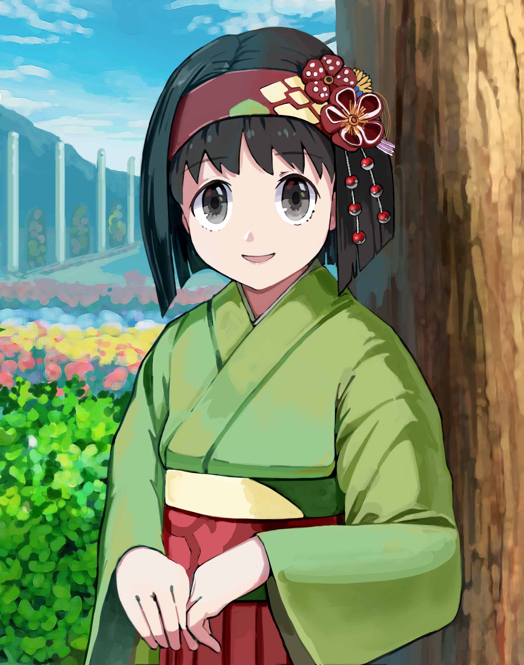 1girl aiai_(hidetti) bangs black_eyes black_hair blue_sky bob_cut clouds cloudy_sky creatures_(company) erika_(pokemon) eyebrows_visible_through_hair flower game_freak green_kimono hairband highres japanese_clothes kimono leaf long_sleeves looking_at_viewer nintendo open_mouth outdoors plant pokemon pokemon_(game) pokemon_lgpe short_hair sky smile solo upper_body