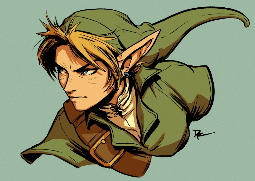 1boy belt blonde_hair blue_background blue_eyes dave_rapoza earrings hat jewelry link male_focus nintendo pointy_ears profile signature solo the_legend_of_zelda upper_body