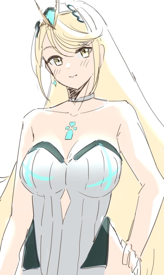 1girl bangs blonde_hair breasts earrings gem hair_ornament headpiece mythra_(xenoblade) jewelry large_breasts long_hair looking_at_viewer nintendo simple_background skeptycally smile solo swept_bangs tiara very_long_hair white_background xenoblade_(series) xenoblade_2 yellow_eyes