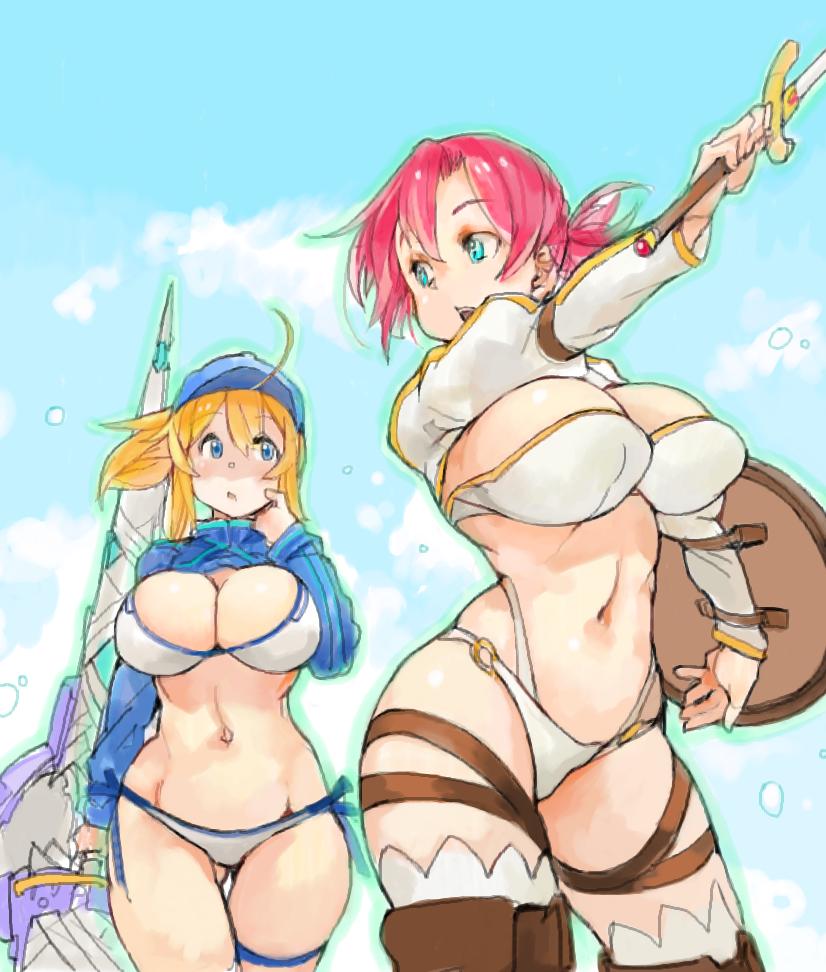 2girls ahoge aqua_eyes arm_up artoria_pendragon_(all) ass_visible_through_thighs bangs blonde_hair blue_eyes blue_sky boudica_(fate/grand_order) breasts cleavage clouds cloudy_sky commentary_request contrapposto copyright_request cowboy_shot curvy day eye_contact fate/grand_order fate_(series) hair_between_eyes hand_up hip_bones hip_focus holding large_breasts long_sleeves looking_at_another midriff multiple_girls mysterious_heroine_xx_(foreigner) narrow_waist navel o-ring open_mouth outdoors outstretched_arm pink_hair sachito skindentation sky stomach thigh_gap wide_hips