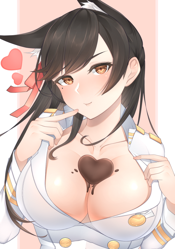 1girl animal_ears asymmetrical_bangs atago_(azur_lane) azur_lane bangs black_hair breasts chichikoucha chocolate chocolate_heart chocolate_on_breasts cleavage collarbone collared_shirt finger_to_mouth hair_ribbon heart large_breasts long_hair long_sleeves looking_at_viewer mole mole_under_eye orange_eyes partially_unbuttoned pink_background ribbon shirt simple_background smile solo upper_body