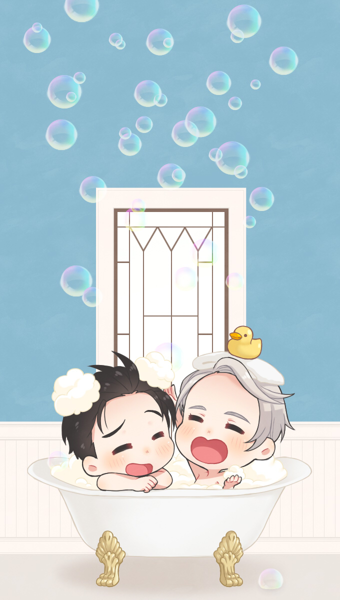 2boys =_= bathing bathtub black_hair bubble claw_foot_bathtub closed_eyes hair_slicked_back heart-shaped_mouth highres katsuki_yuuri male_focus multiple_boys open_mouth rubber_duck ruei_(chicking) shared_bathing silver_hair smile viktor_nikiforov window yuri!!!_on_ice