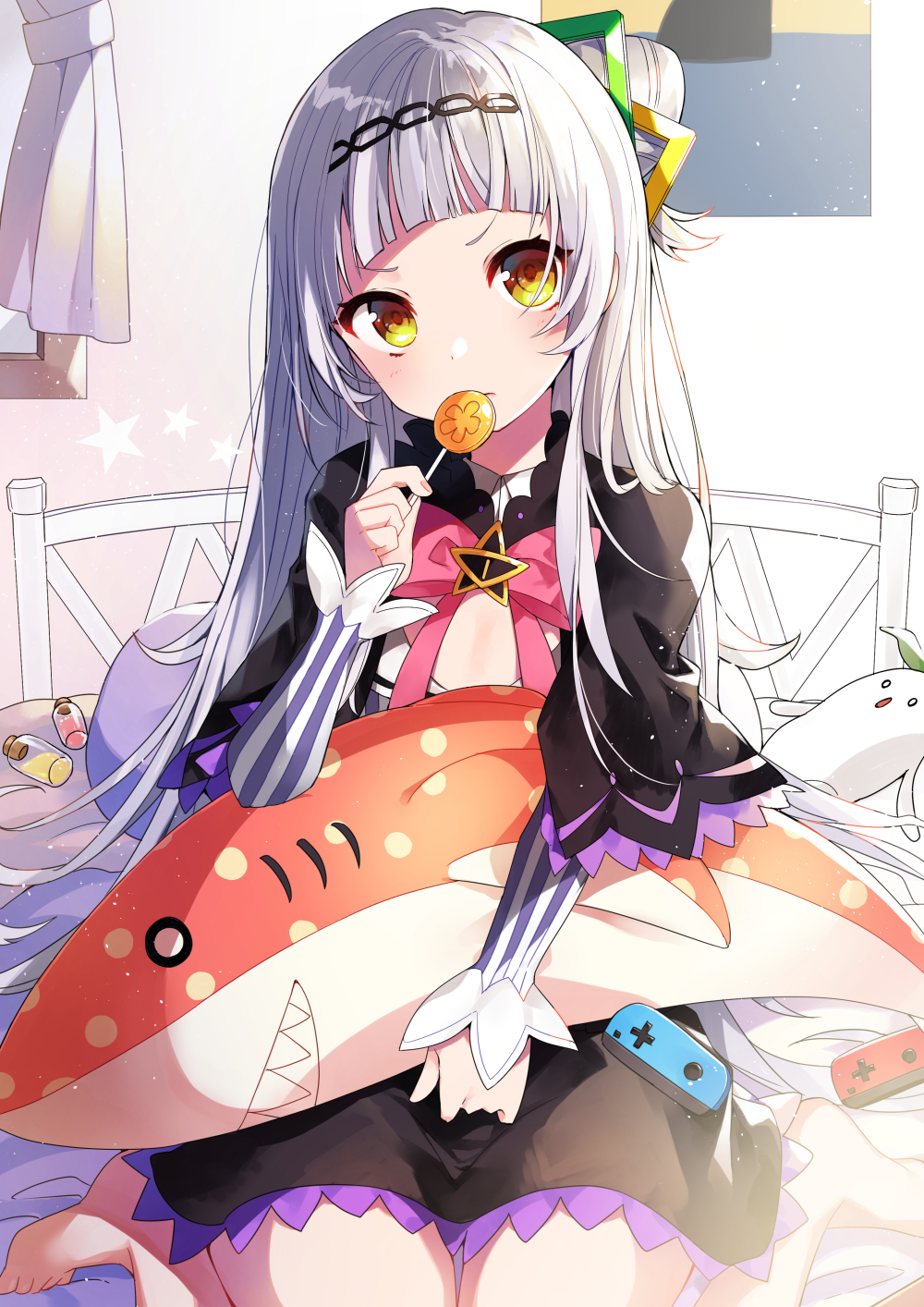 1girl bangs barefoot bed black_capelet black_skirt blunt_bangs blush bottle candy capelet curtains food hair_bun hair_ornament highres holding holding_food hololive indoors lollipop long_hair long_sleeves looking_at_viewer murasaki_shion on_bed one_side_up perfume_bottle pillow poster_(object) seiza silver_hair sitting skirt solo star striped stuffed_animal stuffed_shark stuffed_toy vertical_stripes virtual_youtuber window yellow_eyes yon_(letter)