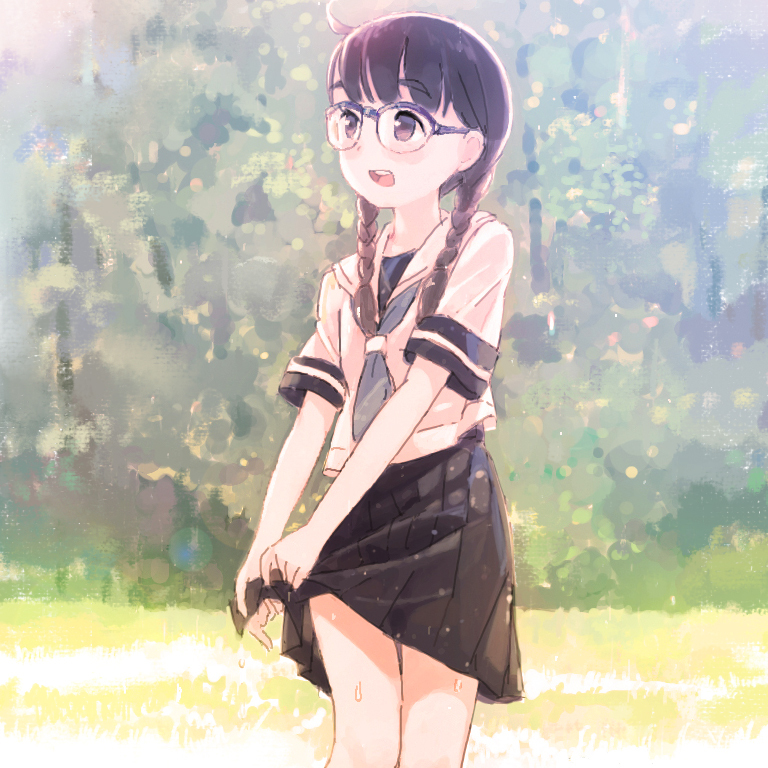 1girl :d bangs black_skirt blue_neckwear blush braid brown_eyes brown_hair day eyebrows_visible_through_hair glasses kokudou_juunigou long_hair looking_away low_twintails neckerchief open_mouth original outdoors over-rim_eyewear pleated_skirt purple-framed_eyewear sailor_collar semi-rimless_eyewear shirt short_sleeves skirt smile solo standing twin_braids twintails wet wet_clothes wet_skirt white_sailor_collar white_shirt wringing_clothes wringing_skirt