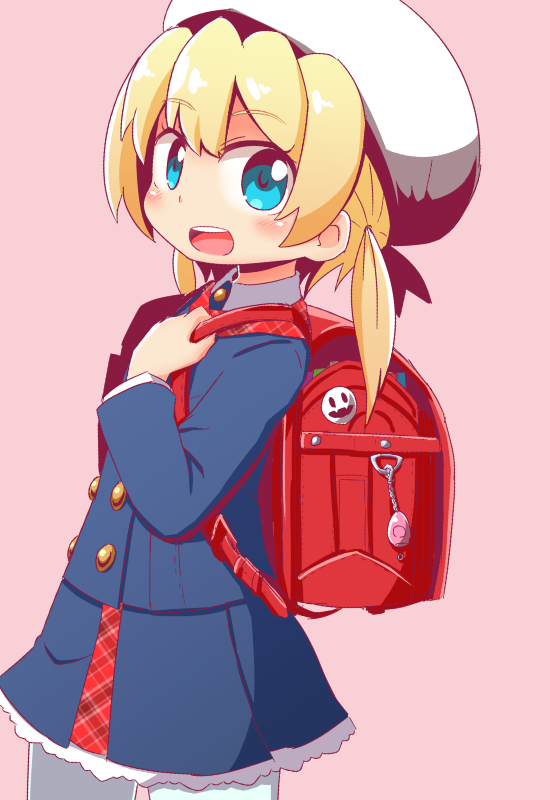 1girl :d backpack bag bangs beret blonde_hair blue_eyes blue_jacket blue_skirt blush brown_background commentary_request cowboy_shot crime_prevention_buzzer eyebrows_visible_through_hair frederica_irving hair_between_eyes hands_up hat holding jacket long_hair long_sleeves looking_at_viewer looking_to_the_side low_twintails naga_u open_mouth pantyhose pleated_skirt randoseru round_teeth sekaiju_no_meikyuu shin_sekaiju_no_meikyuu simple_background skirt smile solo teeth twintails upper_teeth white_hat white_legwear