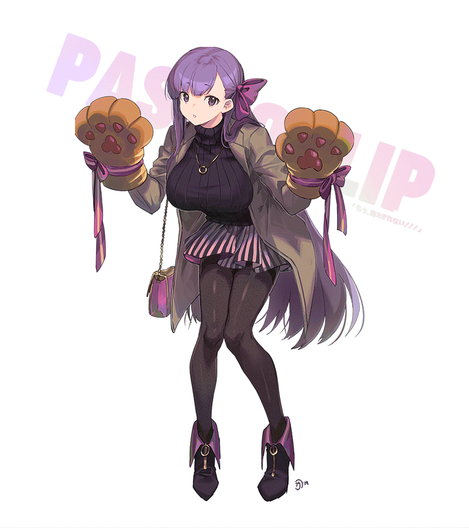 casual fate/extra fate/extra_ccc fate_(series) full_body gloves hair_ribbon jewelry leggings long_hair nagu necklace passion_lip paw_gloves paw_pose paws purple_hair ribbon skirt source_request standing sweater violet_eyes zipper