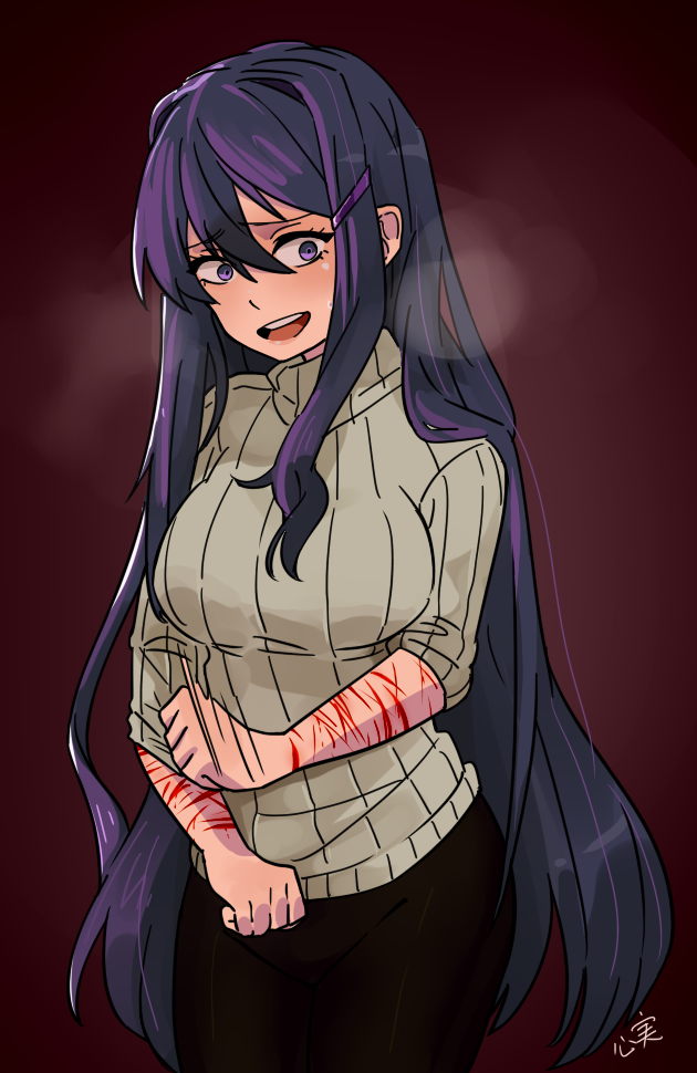 1girl bleeding blood blush breasts doki_doki_literature_club hair_between_eyes heavy_breathing kokomi_(aniesuakkaman) large_breasts long_hair long_sleeves open_mouth purple_hair sweater violet_eyes wrist_cutting yuri_(doki_doki_literature_club)