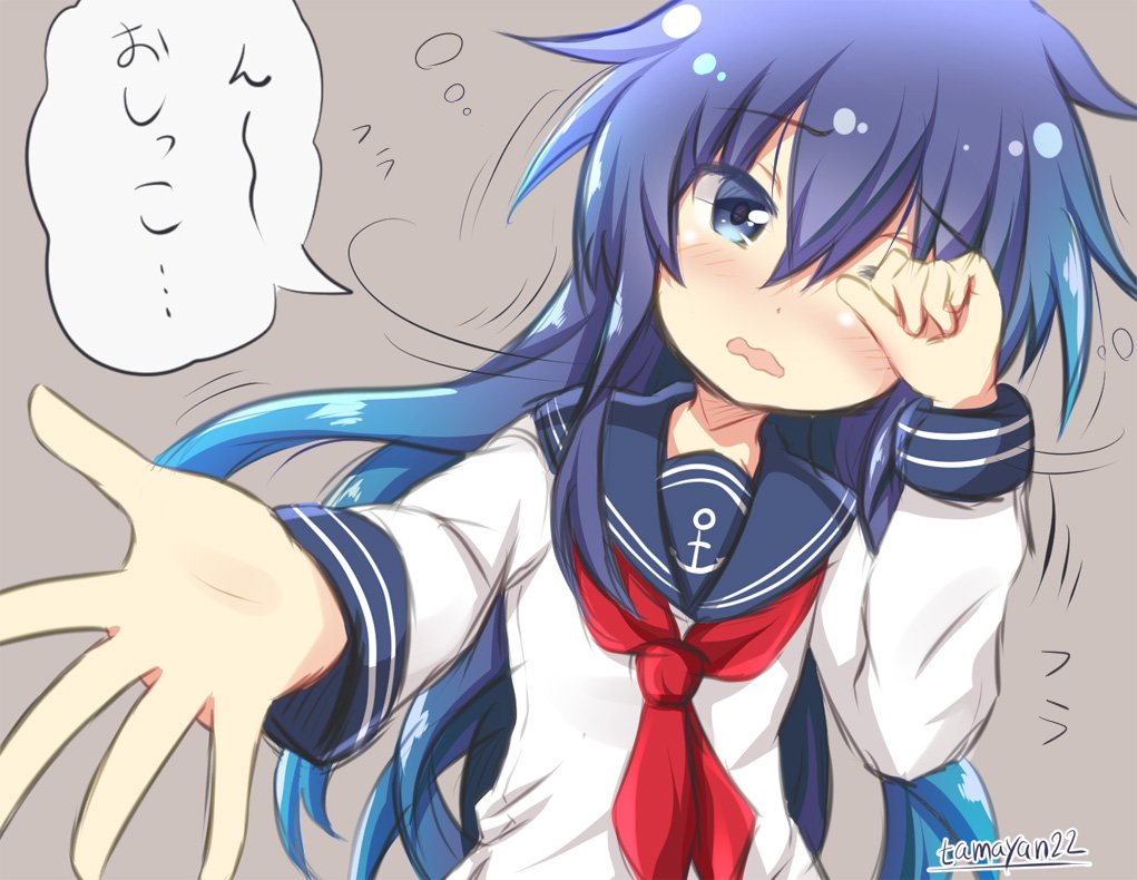 1girl akatsuki_(kantai_collection) blush kantai_collection necktie no_hat no_headwear one_eye_closed open_mouth rubbing_eyes school_uniform serafuku sleepy solo tamayan translated upper_body