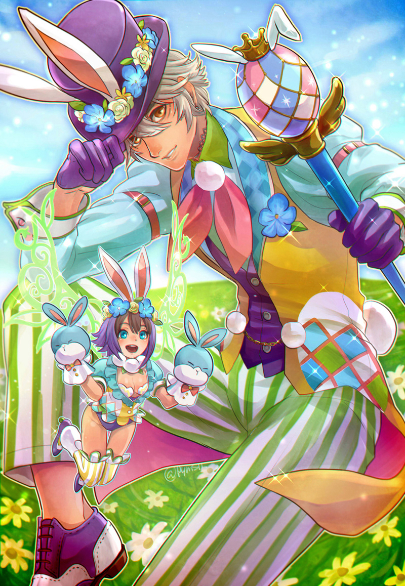 animal_ears aqua_eyes arm_belt breasts brown_hair bunny_tail chains cleavage collared_shirt commentary_request ear_piercing easter_egg echo_(mff) egg fairy fairy_wings final_fantasy flower flying gloves green_wings grey_hair hand_puppet hat hat_tip head_wreath lapel_flower meadow mobius_final_fantasy multicolored multicolored_clothes multicolored_hair open_mouth payu_(pyms11) piercing pixie puppet purple_footwear purple_gloves purple_hair purple_hat rabbit_ears shirt short_hair small_breasts smile sparkle striped striped_legwear tail thigh-highs top_hat two-tone_hair vest wand wings wol yellow_eyes