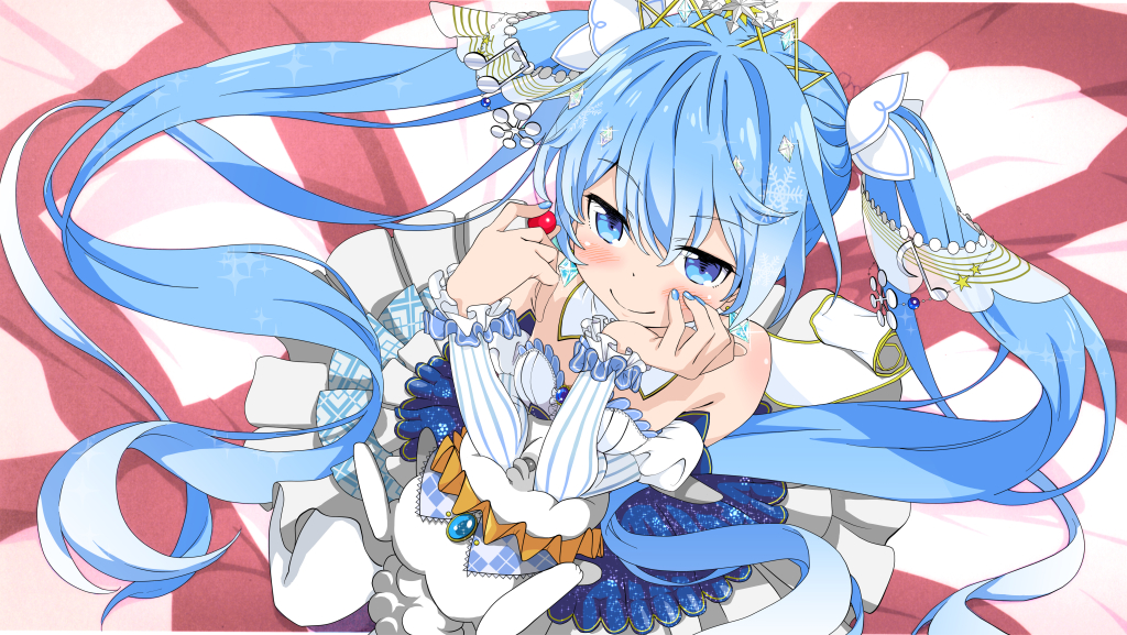 1girl animal bare_shoulders blue_eyes blue_hair blush commentary_request crystal crystal_earrings djakarta dress earrings elbow_in_face elbowing food frilled_dress frilled_sleeves frills from_above fruit hair_ornament hand_on_own_cheek hatsune_miku holding holding_food holding_fruit jewelry long_hair looking_at_viewer looking_up nail_polish puckered_lips rabbit sitting sleeveless sleeveless_dress smile snow_bunny snowflake_hair_ornament snowflake_print snowflakes solo striped_sleeves tiara twintails very_long_hair vocaloid yuki_miku yukine_(vocaloid)