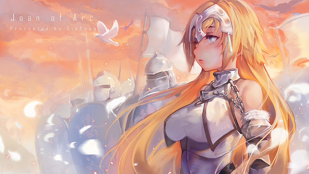 1girl armor armored_dress artist_name bird blonde_hair blue_eyes chains character_name clouds fate/apocrypha fate_(series) feathers headpiece jeanne_d'arc_(fate) jeanne_d'arc_(fate)_(all) long_hair motion_blur orange_sky profile shield sky sleeveless xiaobang
