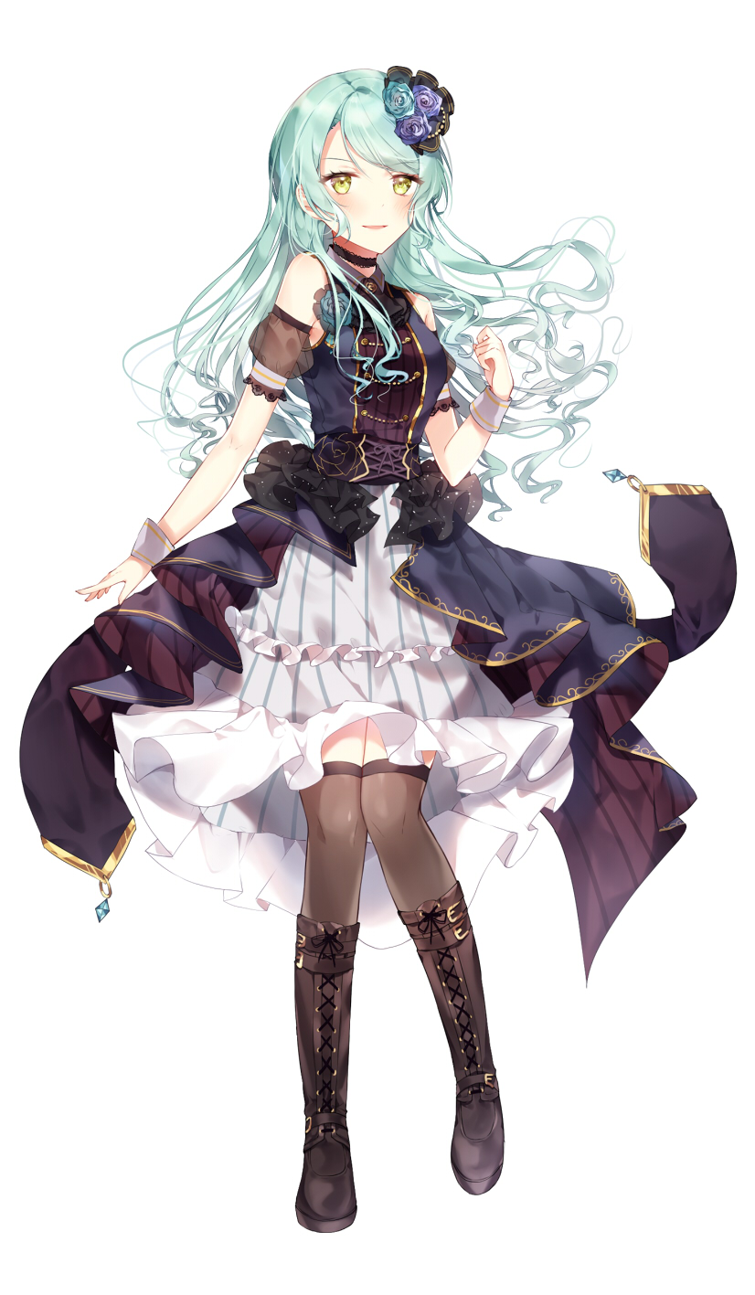 1girl aqua_hair aqua_rose ascot bang_dream! black_choker black_footwear black_legwear black_neckwear blue_flower blue_rose boots choker clenched_hand collared_dress corsage corset detached_sleeves dress flower frilled_dress frills full_body hand_on_own_chest highres hikawa_sayo knee_boots looking_at_viewer overskirt rose see-through_sleeves simple_background smile solo standing taya_5323203 thigh-highs white_background wrist_cuffs yellow_eyes