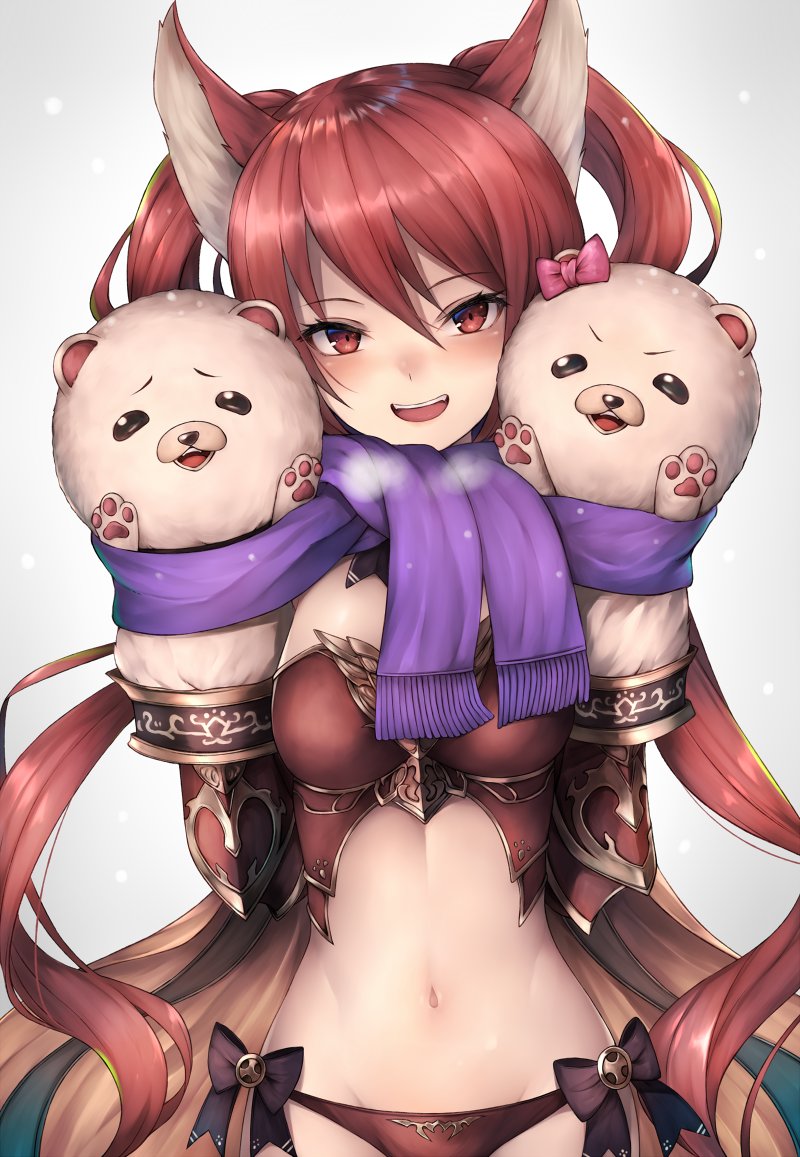 1girl animal_ears blush breasts cerberus_(shingeki_no_bahamut) dog_ears granblue_fantasy hair_between_eyes hand_puppet inaba_sunimi long_hair looking_at_viewer medium_breasts midriff navel open_mouth puppet red_eyes redhead revealing_clothes scarf shingeki_no_bahamut simple_background solo twintails very_long_hair white_background