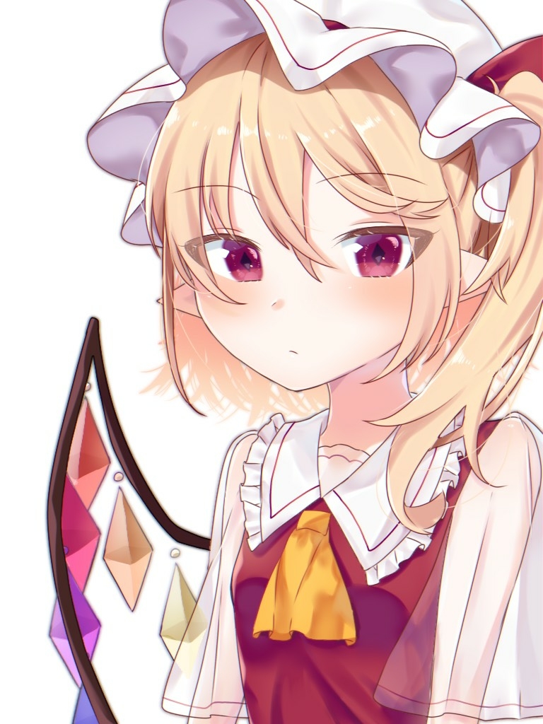 1girl ascot bangs blonde_hair blush closed_mouth collared_shirt commentary_request crystal eringi_(rmrafrn) eyebrows_visible_through_hair flandre_scarlet frilled_shirt_collar frills hair_between_eyes hat long_hair mob_cap one_side_up pointy_ears red_eyes red_skirt see-through see-through_sleeves shirt short_sleeves simple_background skirt solo touhou tsurime upper_body white_background white_hat wings yellow_neckwear