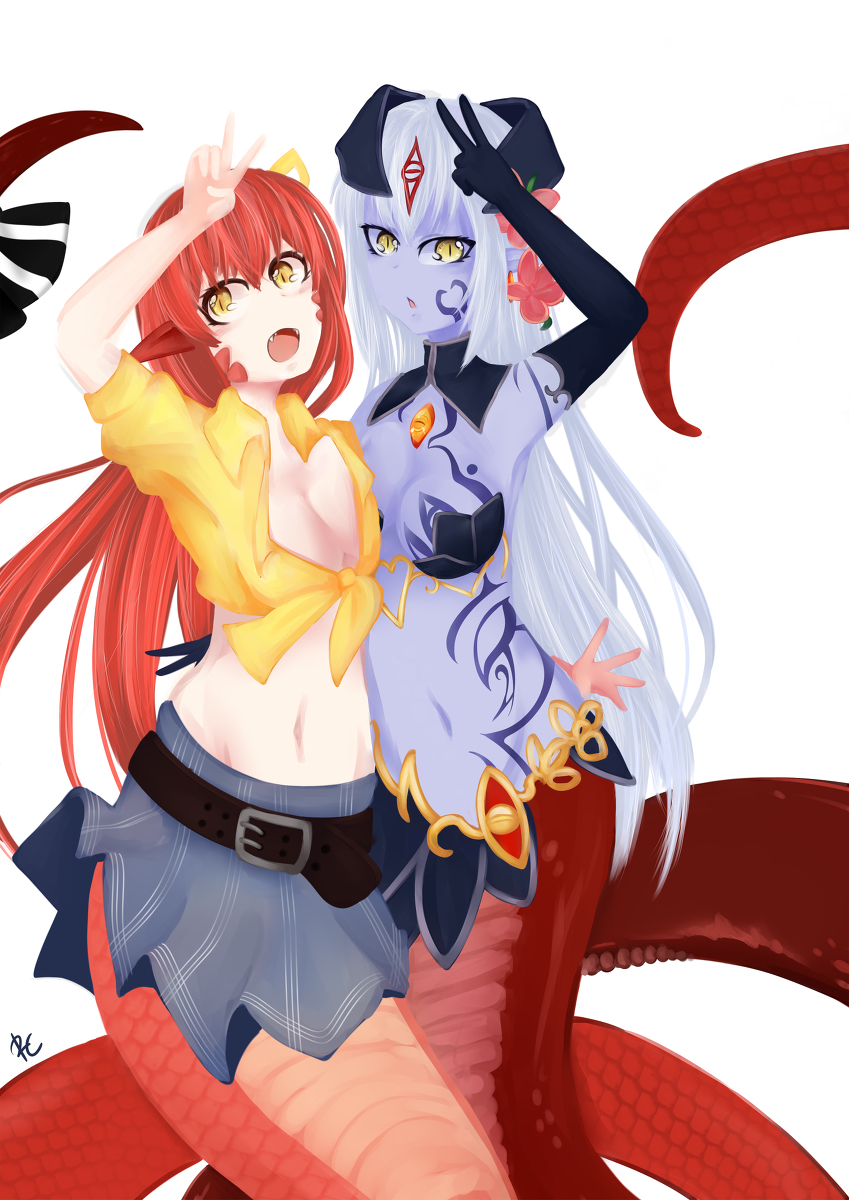 2girls alice_(mon-musu_quest!) alisfieze_fateburn_xvi black_gloves blue_skin fang flower gloves hair_between_eyes hair_flower hair_ornament horns lamia long_hair looking_at_viewer miia_(monster_musume) mon-musu_quest! monster_girl monster_musume_no_iru_nichijou open_mouth peace_sign pointy_ears redhead scales shirt skirt slit_pupils snake_tail tagme tail tattoo tied_shirt white_background white_hair yellow_eyes