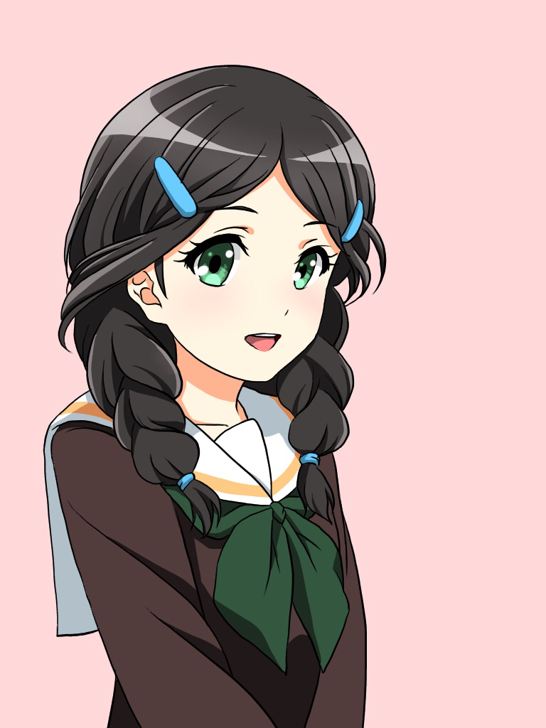 1girl :d black_hair bow braid green_bow green_eyes hair_ornament hairclip hibike!_euphonium long_sleeves looking_at_viewer medium_hair mitsuhiro-510-goto open_mouth pink_background saitou_aoi school_uniform serafuku simple_background smile solo twin_braids upper_body