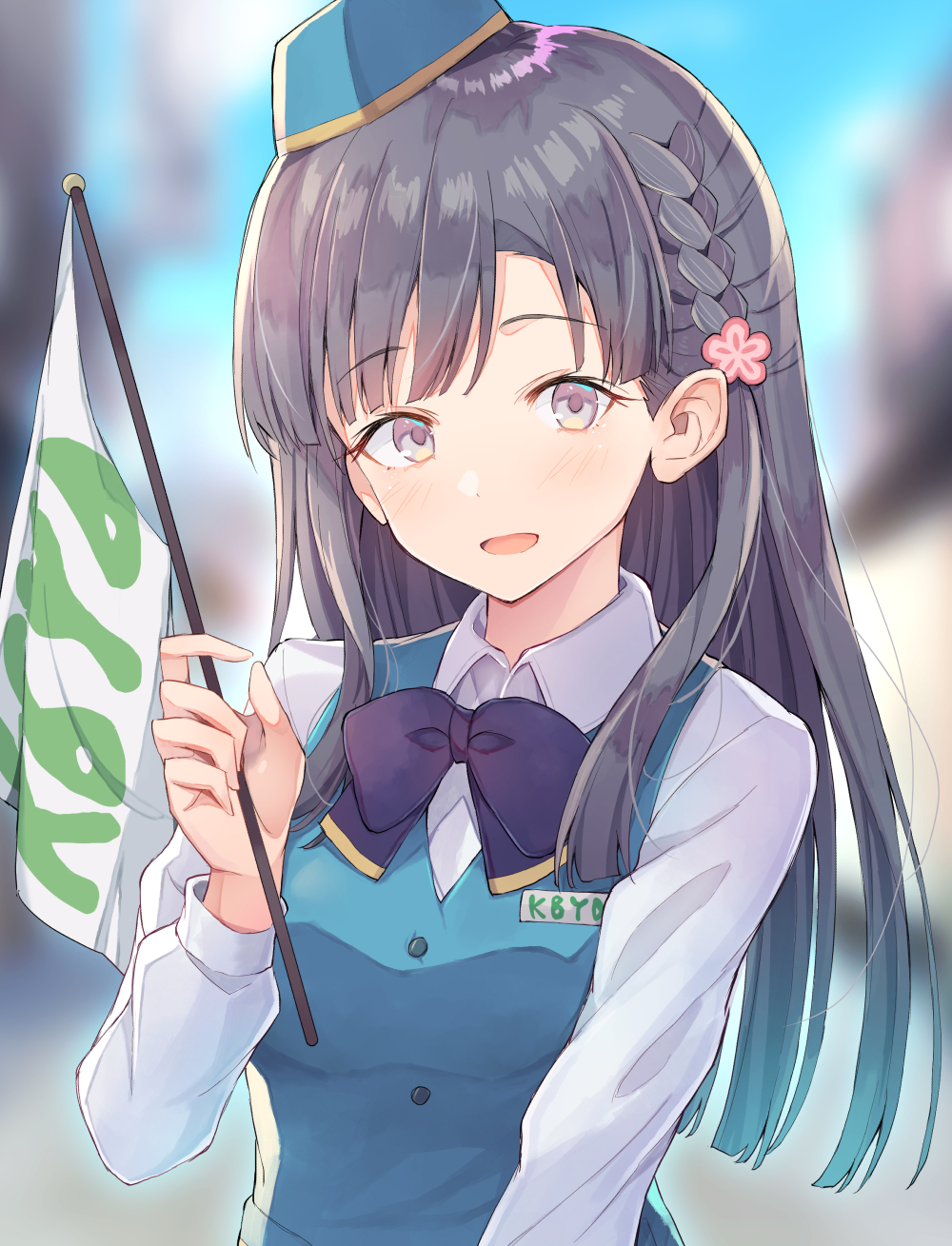1girl :d black_hair blue_hat blue_vest blurry blurry_background blush bow braid breasts collared_shirt commentary_request depth_of_field flag flower grey_eyes hair_flower hair_ornament hat highres holding holding_flag idolmaster idolmaster_cinderella_girls kobayakawa_sae long_hair long_sleeves looking_at_viewer mini_hat open_mouth pink_flower purple_bow shirt small_breasts smile solo tilted_headwear ultone_(neisiss) upper_body very_long_hair vest white_shirt