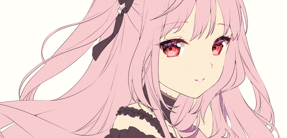 1girl black_dress commentary dress english_commentary eyebrows_visible_through_hair eyelashes frilled_dress frills grin hair_ribbon hololive long_hair looking_at_viewer pink_hair portrait red_eyes ribbon rosuuri simple_background smile solo two_side_up uruha_rushia virtual_youtuber white_background work_in_progress