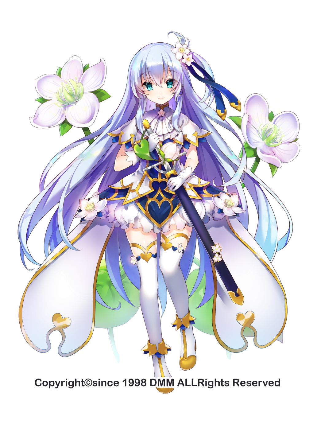 1girl baikasou_(flower_knight_girl) blue_dress blue_eyes boots closed_mouth commentary_request cravat dress dress_flower flower flower_knight_girl frills full_body gloves hair_flower hair_ornament highres holding holding_sword holding_weapon light_blue_hair long_hair object_namesake official_art sakofu scabbard sheath side_ponytail sidelocks smile solo standing sword thigh-highs thigh_boots very_long_hair weapon white_footwear white_gloves white_neckwear
