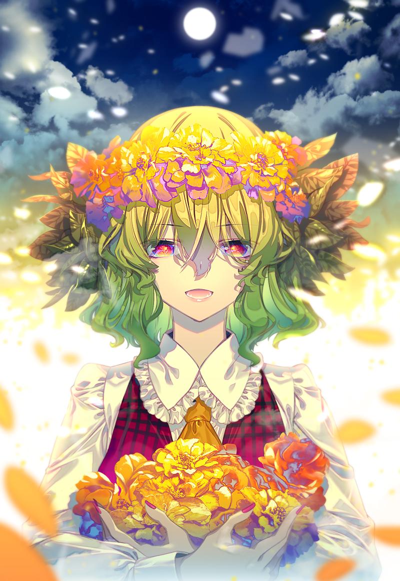 ascot clouds collar collared_shirt commentary_request flower flower_wreath frilled_collar frills full_moon green_hair head_wreath holding holding_flower kazami_yuuka long_sleeves looking_at_viewer moon nail_polish open_mouth petals red_eyes red_vest shirt touhou upper_body vest white_shirt wreath yellow_neckwear zounose