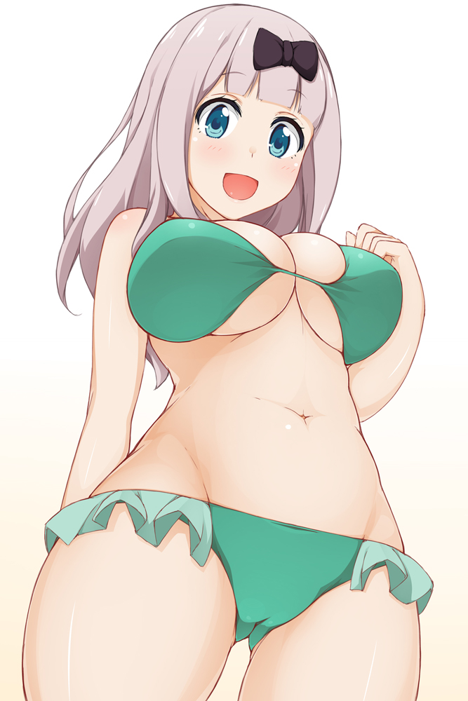 1girl bare_arms bare_shoulders bikini blue_eyes blush bow breasts brown_bow cleavage commentary_request fujiwara_chika gluteal_fold gradient gradient_background green_bikini hair_bow hinata_masaki kaguya-sama_wa_kokurasetai_~tensai-tachi_no_renai_zunousen~ large_breasts legs_apart long_hair looking_at_viewer navel open_mouth pink_hair shiny shiny_hair shiny_skin smile solo standing stomach swimsuit two-tone_background