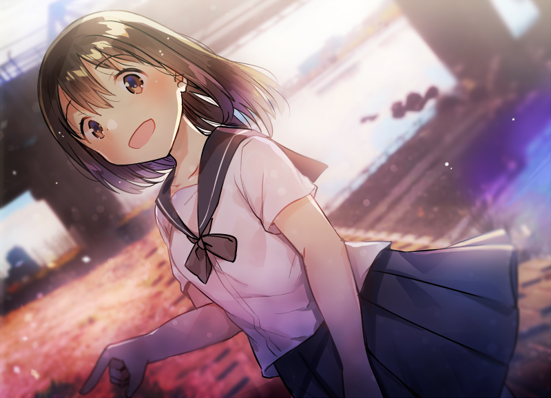 1girl bangs black_sailor_collar blue_skirt blurry blurry_background blush bow bridge brown_bow brown_eyes brown_hair commentary_request day depth_of_field dutch_angle eyebrows_visible_through_hair hair_between_eyes ichihaya long_hair looking_at_viewer original outdoors pleated_skirt river sailor_collar school_uniform serafuku shirt short_sleeves skirt solo water white_shirt