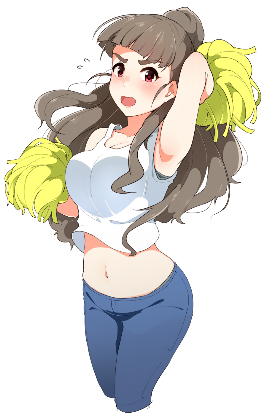 1girl armpits bangs blue_pants blunt_bangs blush breasts brown_hair cleavage collarbone crop_top cropped_legs eyebrows_visible_through_hair floating_hair haseneko high_ponytail highres idolmaster idolmaster_cinderella_girls kamiya_nao large_breasts long_hair midriff navel open_mouth pants pom_poms red_eyes shirt simple_background sleeveless sleeveless_shirt solo standing stomach very_long_hair white_background white_shirt