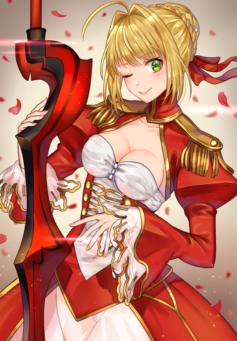 1girl ahoge azaka_(rionrita) blonde_hair braided_bun breasts cleavage eyebrows_visible_through_hair fate/extra fate_(series) green_eyes head_tilt long_sleeves looking_at_viewer medium_breasts nero_claudius_(fate) nero_claudius_(fate)_(all) panties petals red_sleeves see-through short_hair shrug_(clothing) smile solo standing sword underwear weapon white_panties